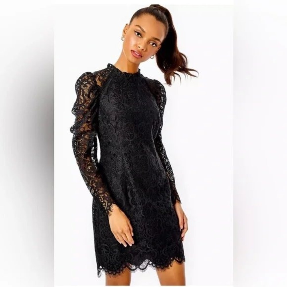 Lilly Pulitzer Averi Lace Dress  10 Onyx Carnival Lace Black Long Sleeve Shift